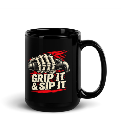 Black 15 oz mug with a skeletal hand gripping a motorcycle throttle and Grip It & Sip It lettering.