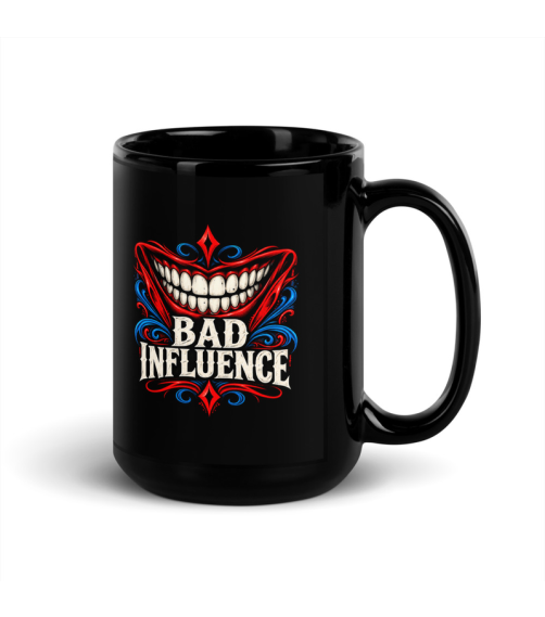 Black 15 oz mug with a red grin, red and blue ornamental swirls and cream Bad Influence lettering.