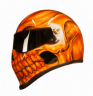 Realistic skull reaper in hot orange motorbike helmet 0